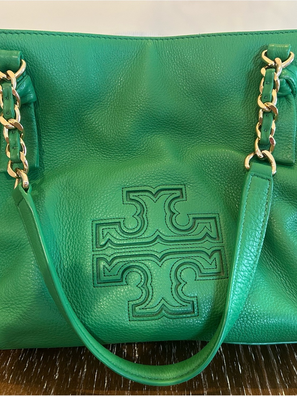 Tory Burch Emerald Green Leather Chain-Detail Tote